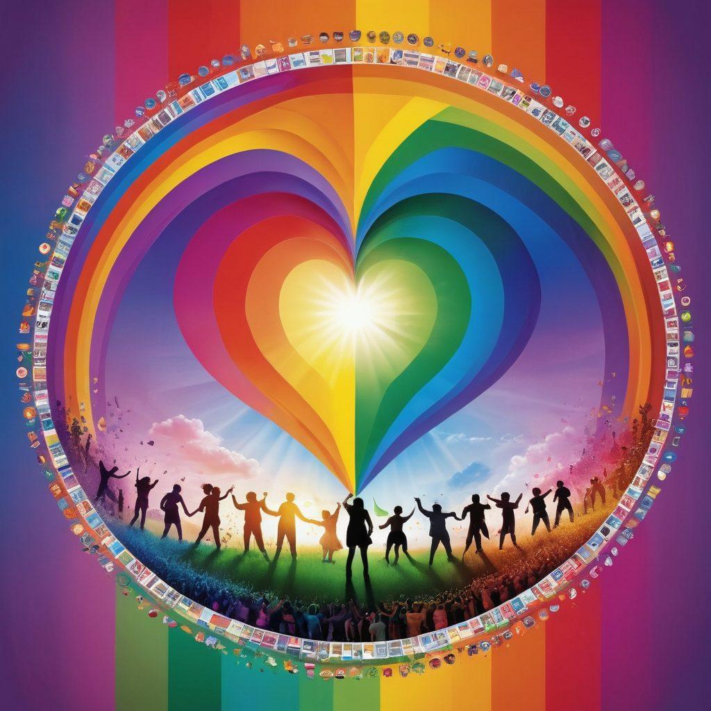 A vibrant rainbow spectrum radiating from the center, incorporating symbols of LGBTQ+ pride like the trans flag and rainbow heart. Around the spectrum, silhouettes of diverse people engaged in different video content activities such as streaming, gaming, and watching films together. The background is a lively mix of colors reflecting inclusivity and joy. super-realistic. vibrant colors. 3D.