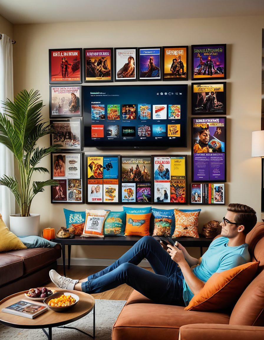 A cozy living room setup featuring a stylish yet relaxed male viewer enjoying diverse streaming content on a large screen. Surround the viewer with various iconic video genres including gaming, travel, and cooking displayed on the screen with vibrant thumbnails. Incorporate elements like snacks and a comfy sofa for a warm atmosphere. The room should have modern decor mixed with personal touches like posters and bookshelves. super-realistic. vibrant colors. inviting ambiance.