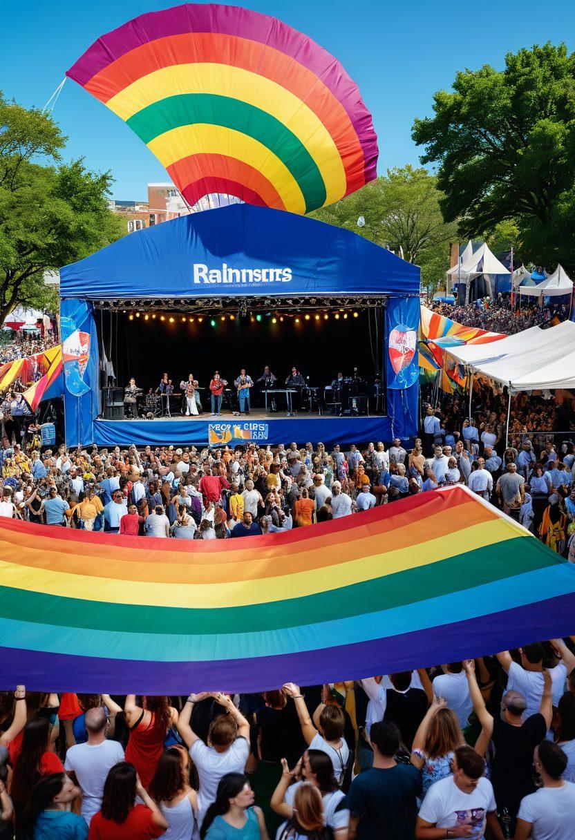 A vibrant scene depicting a diverse group of LGBTQ+ individuals enjoying a lively outdoor festival, surrounded by colorful decorations and art installations. Include elements representing various forms of queer entertainment such as drag performances, music, and film screenings, set against a bright blue sky. Emphasize joy, inclusivity, and celebration. super-realistic. vibrant colors. 3D.